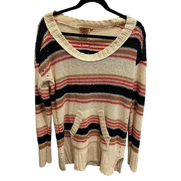 Tory Burch Linen Blend Cream, Red and Black Striped Knit Sweater Size Small - Picture 2 of 8
